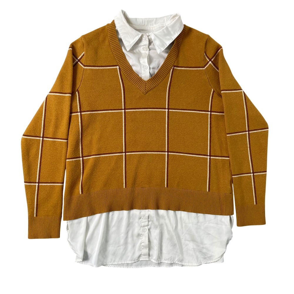 Jones New York Sweater Womens Mustard Yellow Windowpane Academia Preppy School
